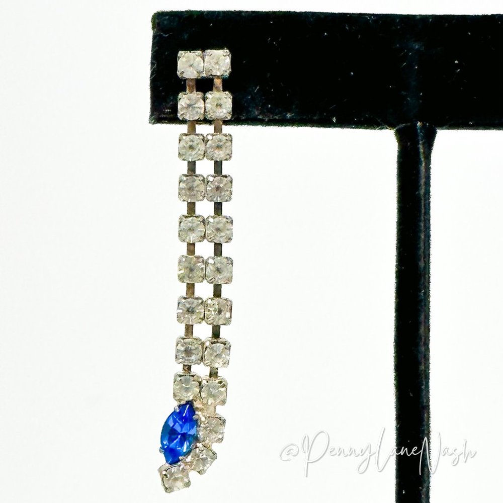Vintage Two Row Rhinestone Drop with Blue Gem Dangle Earrings - Picture 2 of 9